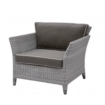 Durable and elegant rattan garden armchair in French grey with UV resistant cushions on a white background