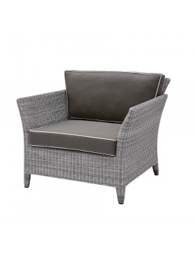 Durable and elegant rattan garden armchair in French grey with UV resistant cushions on a white background