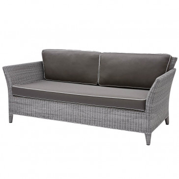 Two-seater rattan couch with UV resistant cushions in French grey on a white background