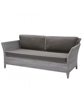 Two-seater rattan couch with UV resistant cushions in French grey on a white background