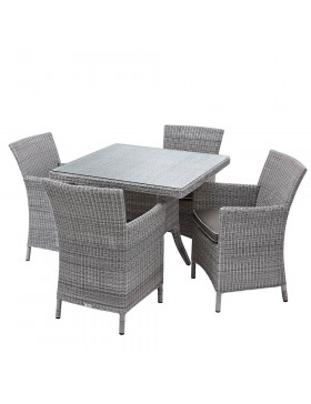 Four seater Grey rattan garden table and chairs on a white background