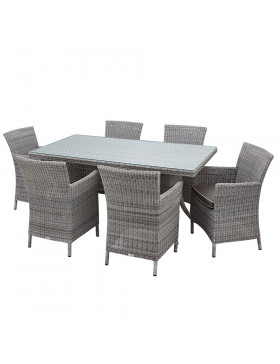 Six seater Grey rattan garden table and chairs on a white background