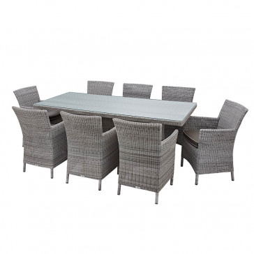 Eight seater Grey rattan garden table and chairs on a white background