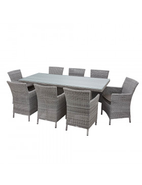 Eight seater Grey rattan garden table and chairs on a white background