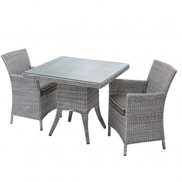 Two seater grey rattan garden table and chairs on a white background