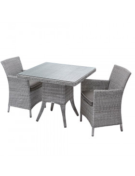 Two seater grey rattan garden table and chairs on a white background