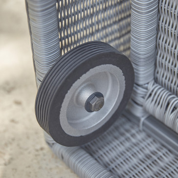 Rattan garden storage box showing wheels at the bottom of the box