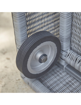 Rattan garden storage box showing wheels at the bottom of the box