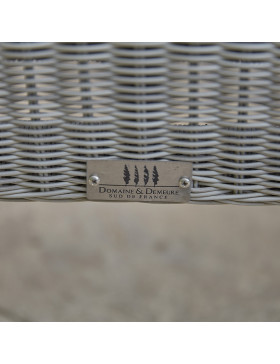 Close up of Domaine & Demeure logo on rattan garden furniture