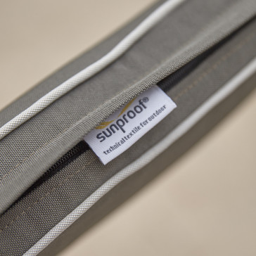 French Grey all weather cushion with pale grey piping, label and zip